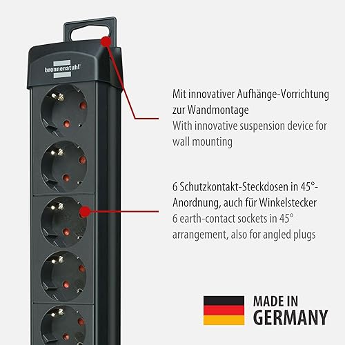 Brennenstuhl Premium-Line, Steckdosenleiste 6-Fach für die Wandmontage (Mehrfachsteckdose mit Schalter und 3m Kabel, Made in Germany) schwarz - Cheap-Us