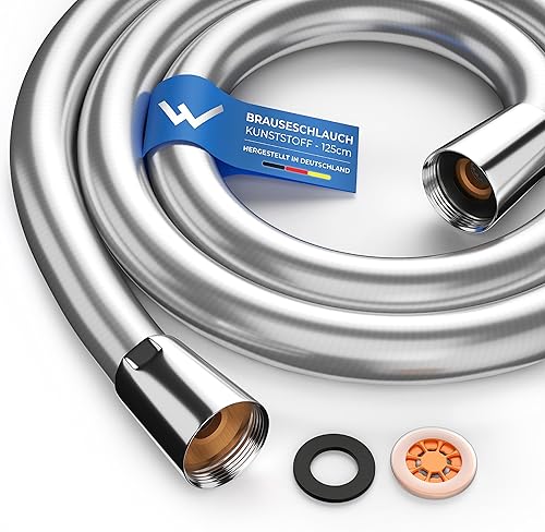 LOBENSWERK Duschschlauch 1,25m [inkl. Durchflussbegrenzer] Trinkwasser Geprüft, 1/2' Anschluss - Brauseschlauch Silber mit doppeltem Verdrehschutz, Knick- und Reißfest - Cheap-Us