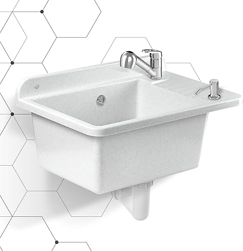 GOSPO Ausgussbecken aus Polypropylen, 50,5 x 34 x 26,5 cm, Spülbecken mit Armatur, Siphon, Seifenspender, Waschbecken, Haushaltsspülbecken (Grau) - Cheap-Us