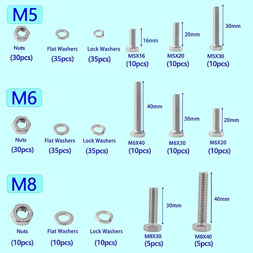 HVDHYY Schrauben und Mutter set M5 M6 M8 Sechskantschrauben DIN 933 A2-70 Edelstahl Gewindeschrauben Unterlegscheiben Nuts und Bolts 9 Größen mit Wiederverwendbaren Aufbewahrungsbox 300pcs - Cheap-Us