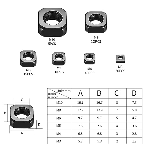 Vierkantmutter, 150 Stück Edelstahl Vierkantmuttern, Quadrat Muttern, Gewindemuttern, quadratisch Einlegemutter Sortiment Set für Holz Möbel Schraubenmuttern - M3 M4 M5 M6 M8 M10 (Silber) - Cheap-Us