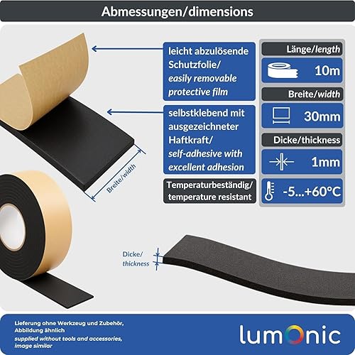 Lumonic 10m EPDM Dichtungsband Selbstklebend 20mm x 4mm I Dichtband für Fenster & Türen I Fensterdichtung, Türdichtung, Gummidichtung zum Kälteschutz - Cheap-Us