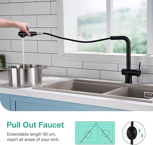 Faustina Einhebelmischer Küchenarmatur mit Brause Ausziehbar, Mischbatterie Spültischarmatur Armatur Wasserhahn Küche 360° Drehbar, Hochdruck Einhand-Spültischbatterie Armatur, Edelstahl schwarz - Cheap-Us