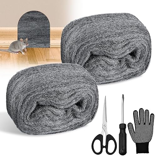 DazSpirit 2 Stück Stahlwolle gegen Mäuse, 3,5 m Stahlwolle Fein 0000 mit Handschuhen, Schere und Schraubendreher, Edelstahlwolle gegen Ratten zum Abdichten von Lücken, Reinigen, Polieren - Cheap-Us