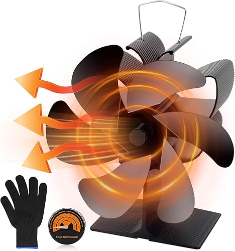 BBLTIFF Kaminventilator, Ofenventilator mit 6 Blätter, Ofenventilator Ohne Strom mit Thermometer und Handschuhen Geliefert, Leise Zirkulierend, Kaminofen Ventilator für Kaminöfen & Holzofen - Cheap-Us