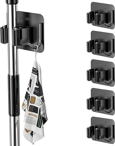 Relota 6 Stück Besenhalterung Wand Selbstklebend, Gerätehalter Wandhalterung 304 Edelstahl, Haken Besenhalter Ohne Bohren, Mop Halter, Gartengerätehalter für Küche, Schränke, Garage, Garten (Grau) - Cheap-Us
