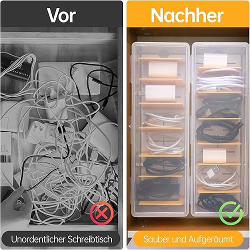 PAVSTINE Kabel Organizer Box, 2er-Pack, Kabelbox Kunststoff Transparent, Kabel Organizer Es Gibt 7 Herausnehmbare Trennwände, Cable Organizer die Individuell Angepasst Werden Können, Kabelbox Weiß - Cheap-Us