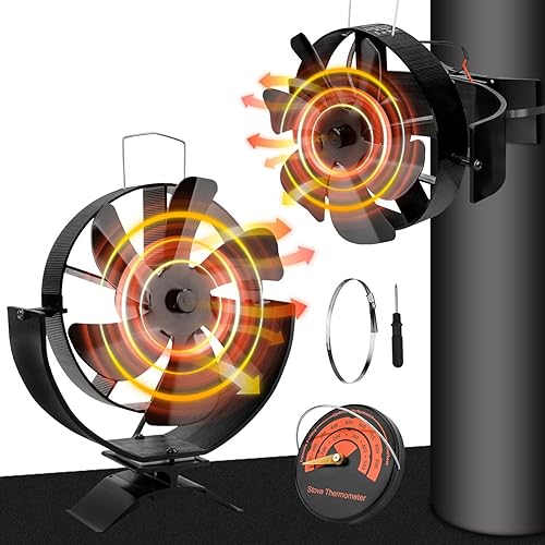 highsam kaminventilator, 6 flügel Ofenventilator Ohne Strom, Ventilator für Kaminofen mit Thermometer, Leiser Holzofenventilator Schwenkbar, Wärmebetriebener Ventilator für Kamin/Holzbrenner(1 Stück) - Cheap-Us