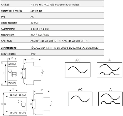 Lapp Fehlerstromschutzschalter FI-Schalter RCD 4-polig 63A 30mA Installation (Schutzschalter) - Cheap-Us