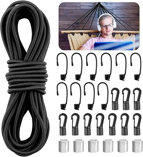 Gummiseil, Expanderseil 6mm 10m, Elastisches Gummikordel, Gummischnur mit 10 Spiralhaken, 10 Kunststoffhaken, 6 Würgeklemmen, Spannseil Schwarz für Anhängerplane, Camping, Segeln Planenseil - Cheap-Us