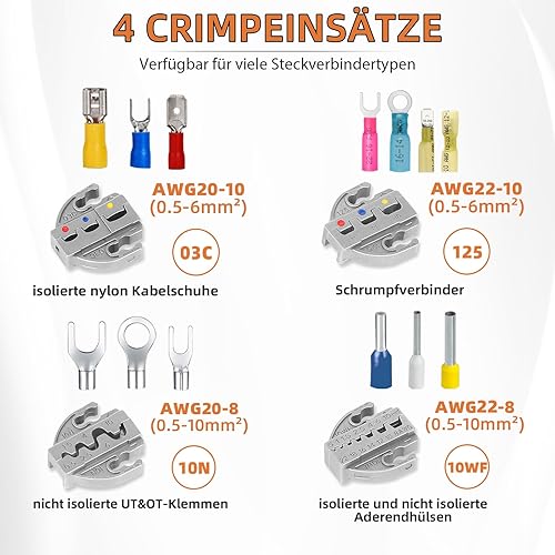 KF CPTEC 9-teiliges Crimpzange Set für isolierte&nicht isolierte Kabelschuhe,Solarstecker, Aderendhülsen - Kabelscuhzange,Aderendhülsenzange - Kabelschuh Crimpzangen mit Wechselbacken & Abisolierzange - Cheap-Us