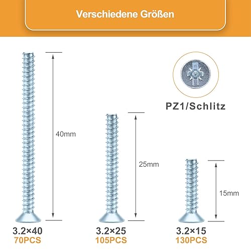 VIGRUE 305 Stück Geräteschrauben für Schalterdosen, Dosenschrauben 3,2x15mm, 3,2x25mm, 3,2x40mm, Steckdosen Schrauben aus Stahl Verzinkt mit PZ1/Schlitz - Cheap-Us