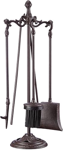 Relaxdays Kaminbesteck 5-teilig, Schaufel, Besen, Schürhaken, Zange, Halter, Kamingarnitur, HxBxT 51 x 18 x 18 cm, braun Kaminbesteckset Gusseisen - Cheap-Us