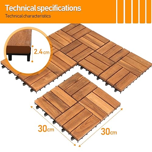 Ansobea 33er Pack Holzfliesen aus Akazien Holz,6 Latten Fliese Holzfliesen 30x30 cm - 1 m² .Balkonfliesen für Balkon, Garten & Terrasse | einfach, schnell & praktisch verlegt - Cheap-Us