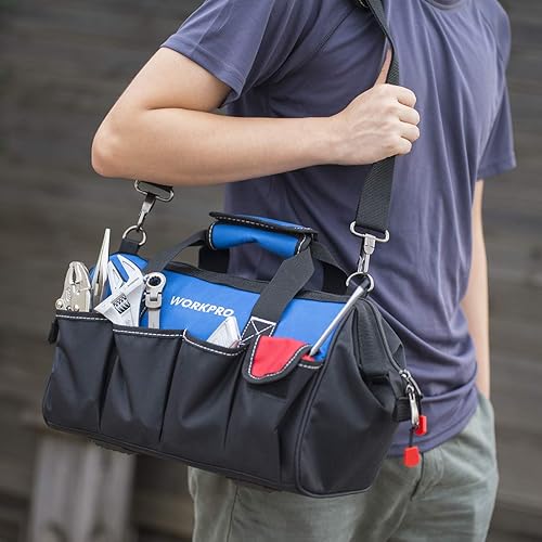 WORKPRO Werkzeugtasche Elektriker, Wasserdichte Werkzeugtasche Profi, weite Öffnung & große Kapazität 35CM aus 600D Polyester, Schultergurt verstellbar, Multifunktion für Heimwerker Handwerker - Cheap-Us
