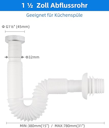 Hibbent Siphon Waschbecken, 1 1/4'-Stecker Flexibles Ablaufschlauch, Geruchsdichter Flexibler Siphon, Austauschbarer Abwasserrohr, Dehnbar 320-780 mm - Cheap-Us