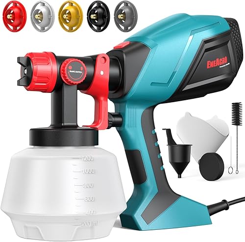 ENEACRO HVLP Farbsprühsystem 720W Lackierpistole mit 1200ml Behälter, 5 Messingdüsen（1-3mm）, Verstellbarer Fließgeschwindigkeit und Sprühwinkel, 360° Einstellbares Sprühmuster - Cheap-Us