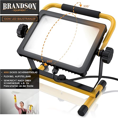Brandson - 100W LED Baustrahler 144 SMD LEDs – Arbeitsleuchte – Bauscheinwerfer – Baulampe - Tragegriff 6000K – 10000 Lumen – 4 m Stromkabel – Metallgehäuse – IP65 - Cheap-Us