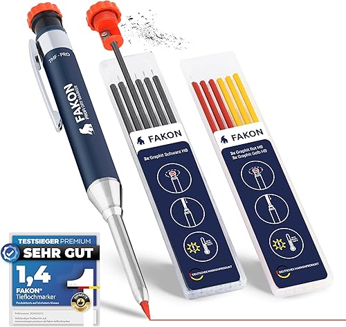FAKON TMF PRO Tieflochmarker [inklusive 12 Ersatzminen] extrem robuster Metallkörper, Zimmermannsbleistift, Bohrlochmarker, Bleistift Baustelle - Cheap-Us