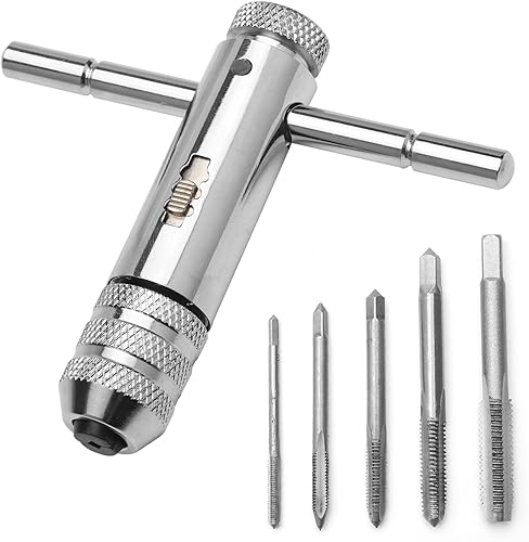 HENGBIRD RatschenschlüSsel Einstellbar mit 5 StüCk Gewindeschneider Set M3 M4 M5 M6 M8 Gewindebohrer Set Windeisen T -Griff Ratsche Golden - Cheap-Us