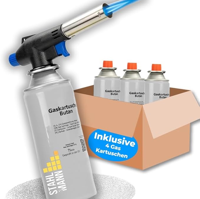 STAHLMANN ® Gasbrenner mit Kartusche 227g – Schweißbrenner max. 1300°C Temperatur – Lötlampe mit Piezozündung – Bunsenbrenner Küche -Küchenbrenner (4x Gaskartuschen) - Cheap-Us