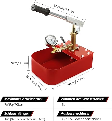Dyna-Living Abdrückpumpe Prüfpumpe Befüllpumpe 5L Füllpumpe Heizung Druckprüfpumpe 7 MPa/0-70 bar Ganzkupfer-Pumpenkörper Heizleckdruckprüfpumpe für Wasserleitungssystem - Cheap-Us