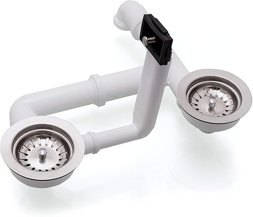 Spülenablauf 3 1/2' für Doppelbecken mit rechteckigem Überlauf 2 x Siebkorbventil Ø 114 mm Ablaufgarnitur KVA35/2-RS-2-5 - Cheap-Us