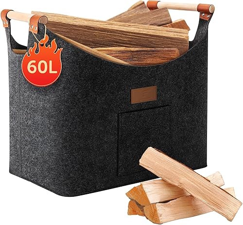 shinfly Holzkorb für Kaminholz 60L, Kaminholzkorb Brennholzkorb Groß für mehr Brennholz im Kamin, Faltbarer Feuerholzkorb aus Extradickem Filz für Einkauf, Holz, Spielzeug【Anthrazit】 - Cheap-Us