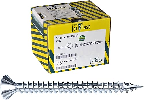 Jet-Fast Premium Universalschrauben 5,0 x 40 mm, 200 Stück, Duo-Senkkopf, Vollgewinde, TX Antrieb, Blau verzinkt, Holzschrauben, Spanplattenschrauben, Cut-Spitze, German Quality - Cheap-Us