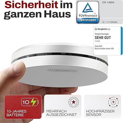 ALPENLUFT Rauchmelder 10 Jahre Batterie, Feuermelder Flach, Rauchwarnmelder, Brandmelder, | Ohne Bohren, Ohne LED Blinken - Rauch Brandschutz Brandmeldeanlage - Cheap-Us