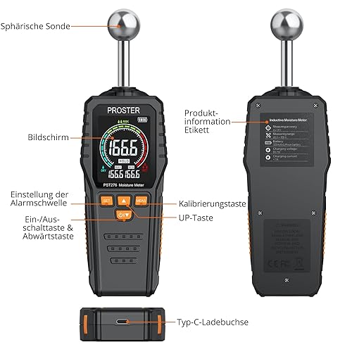 Proster Feuchtigkeitsmessgerät Wand Kugelform Sphärisches wiederaufladbares Feuchtemessgerät Mauerwerk mit LCD Bildschirm für Wände Mauerwerk 0-40mm Analysetiefe für Wand Holz Mauerwerk Beton - Cheap-Us
