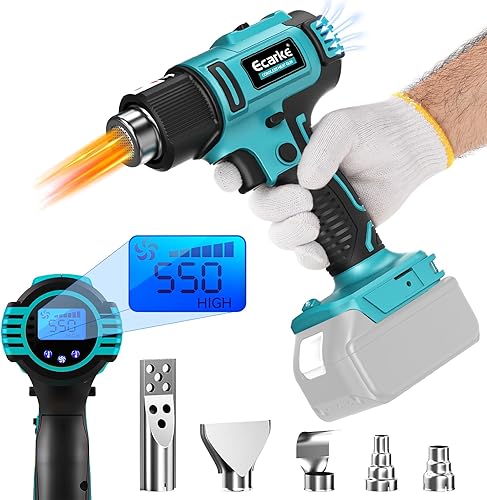 Ecarke Akku-Heißluftpistole für Makita 18V, 350W Heißluftfön 50-550°C Einstellbare Temperatur mit LCD-Display und 5 Düsen Heissluftpistole für Schrumpfen, Heizen, Schweißen (ohne Akku) - Cheap-Us