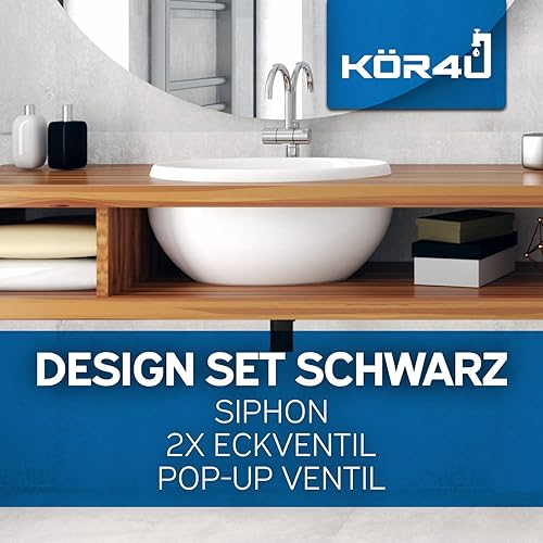 kör4u Design Set Siphon 1 1/4 Zoll x 32 mm, Pop-Up Ventil und 2x Eckventil, Ablaufventil mit Dichtungen, für Waschbecken (schwarz) - Cheap-Us