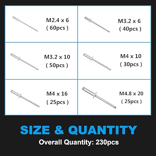 Gueenky 135 Stück Nieten Aluminium 5/6/6,4 mm, 6 Größen Silber Blindnieten Set Popnieten Sortiment mit Aufbewahrungsbox für Metall Holz Kunststoff - Cheap-Us