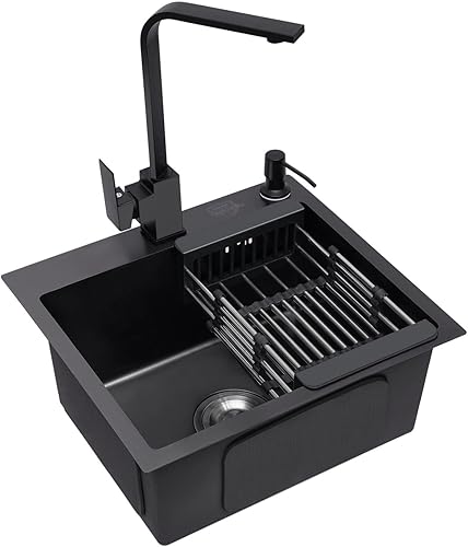 Spüle Spülbecken Edelstahl mit Armatur Schwarz 40 x 45 cm, Einbauspüle Küchenspüle Granitspüle für 45 cm Unterschrank, inkl. Küchenarmatur 360° drehbar, Seifenspender, Über- u. Ablaufgarnitur - Cheap-Us