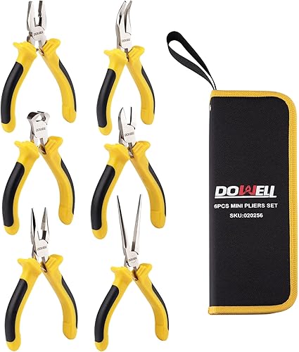 DOWELL 6-teiliges Mini-Zangen-Set, Nadelspitze, diagonale lange Nase, gebogene Nase, Endschneiden und Linesman für die Herstellung von Handwerk, Reparatur elektronischer Geräte mit Tasche - Cheap-Us