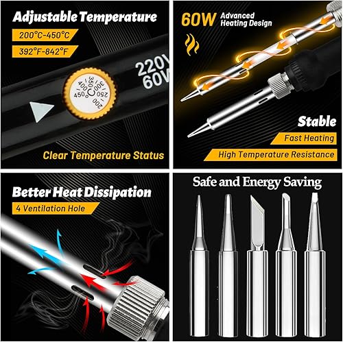 NUZEKY Lötkolben Set - 60W Lötkolben mit Ein/Aus Schalter mit Temperatur Einstellbar 200-450°C, Lötwerkzeug mit 5 Lötspitzen, Hochwertiges Löten & Reparieren - Soldering Iron for DIY, O6M29813QFSFIX - Cheap-Us