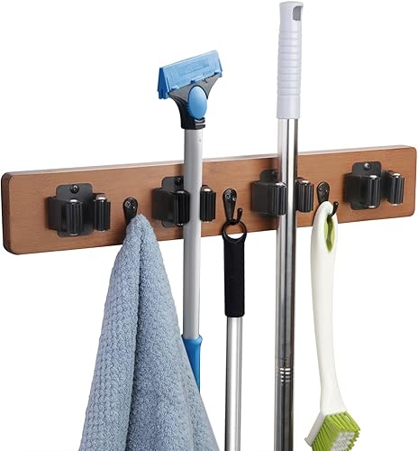 JSVER Besenhalterung Wand, Moderne Mop Halter Bambus Wandhalterung mit 4 Halter und 3 Haken Besenhalter Gerätehalter für Haus, Küche, Garten, Garage-Braun - Cheap-Us