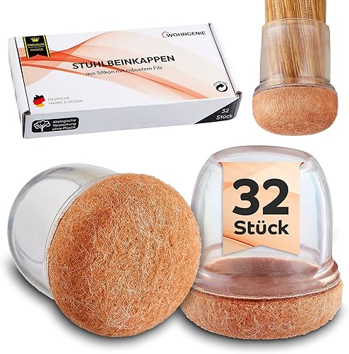WOHNGENIE® Stuhlbeinkappen in Größen [S/M/L] und Sets [16er/32er] - langlebige Stuhlbeinschoner aus transparentem Silikon und robustem Filz - Schutzkappen für Beine rund, eckig, schräg (16, 25-37mm) - Cheap-Us