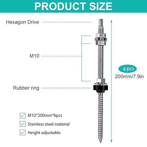 Stockschrauben M10 x 200 mm Stockschrauben PV Anlage (10er Pack) Edelstahl Höhenverstellbar Stockschraube Dübel für Photovoltaik Solarbefestigung auf Gebäudedächer Material: Edelstahl (SUS304) - Cheap-Us