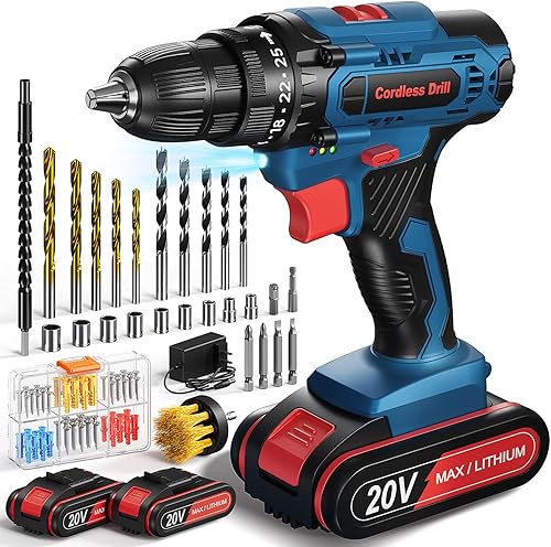 Akkuschrauber, 20V Akku Bohrschrauber Set mit 2 Akkus und 87 Zubehöre, Werkzeugkoffer, Akkubohrer 42Nm Max Drehmoment, 25+1 Drehmomentstufen, 2-Gang, 10mm Bohrfutter, Akku Bohrmaschine für Haus DIY - Cheap-Us