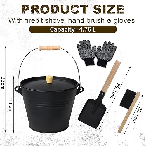 BRIAN & DANY Ascheeimer mit Deckel, Runder Kohleeimer für Kamine, 5L Eimer mit Schaufel und Handbesen, Werkzeugset Zubehör für Kamin, Feuerstelle, Holzofen - Cheap-Us