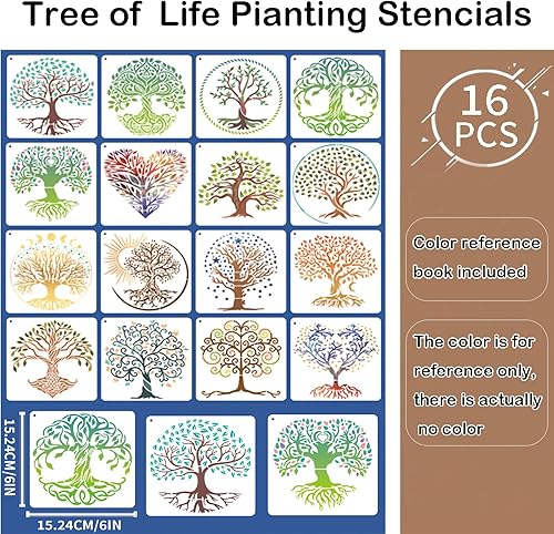 Yosugar 16 Stück Baum des Lebens Schablonen,Wand Schablonen,Malschablonen für Scrapbooking Zeichnung Verfolgung Wand Haus Dekoration DIY Geschenkkarten Geschenke Kinder (Baum des Lebens-16 Stk) - Cheap-Us