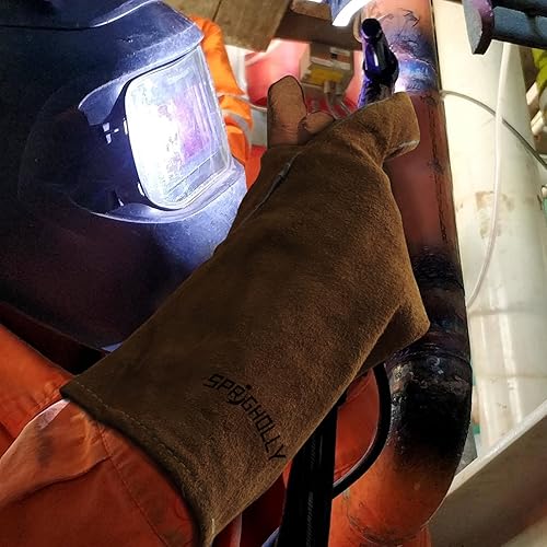 SPRIGHOLLY Schweißhandschuhe aus hitze- und feuerfestem Leder für Stick, Mig, Tig, Schmiede, Grill, Grill, Kamin, Holzofen, Ofen, Ofen, Topf Grau,14 Zoll dunkelbraun - Cheap-Us