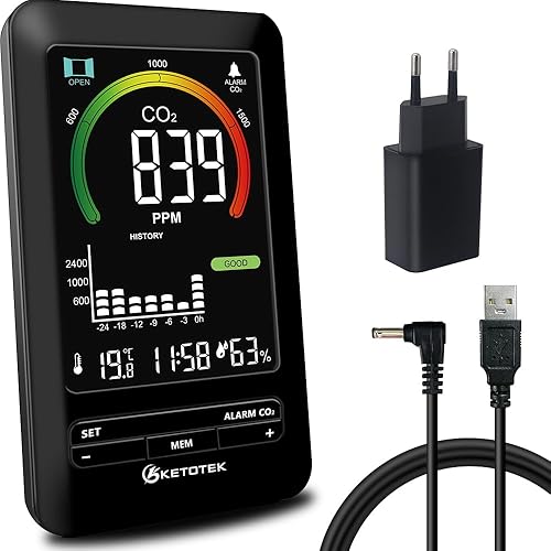 KETOTEK CO2 Messgerät, CO2 Melder Raumluft, Luftqualität Messgerät mit Alarm und Lüftungsempfehlungen, Monitor für Temperatur, Luftfeuchtigkeit, CO2-Anzeige mit grafischen - Cheap-Us
