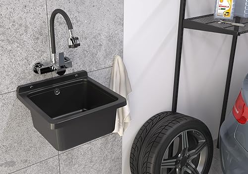 Granitan Ausgussbecken für Garage Keller Werkstatt und Waschküche - Universal Waschtrog mit Siphon - Waschbecken Wandmontage für Innen- und Außenaufstellung - 40x38x22,8 cm - Weiß - Cheap-Us