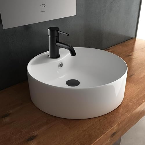 Alpenberger Aufsatz Handwaschbecken | Keramik Design Waschschale | Waschbecken Gäste WC | Waschbecken Rund 40 cm mit Nano & Überlauf | Weisses Waschbecken mit Hahnloch für ein Modernes Bad - Cheap-Us