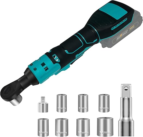 3/8' Akku Ratsche für Makita 18V Akku, Akkuratsche 60N.M Elektrisch Ratschenschlüssel, Kabelloser Ratsche mit 7 Steckschlüssel, 1/4' Adapter und 3' Verlängerungsstange (Ohne Batterien) - Cheap-Us