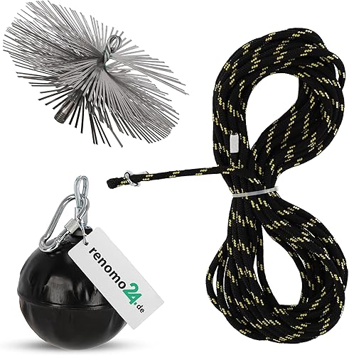 Renomo24 Schornsteinbesen Federstahl | Zuggewicht 1,9kg | Besengröße 225mm | Zugseil Länge 15m | Reinigungsset für effiziente Schornsteinpflege - Cheap-Us