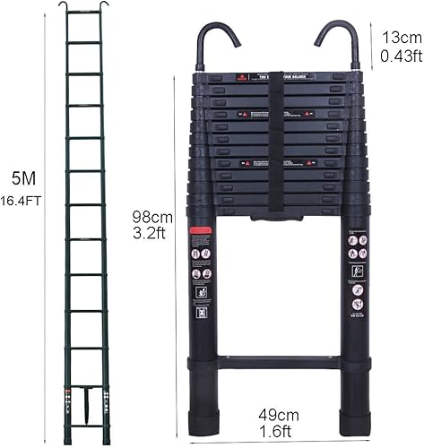 16,5Ft Aluminium Teleskopische Verlängerungsleiter 5M Ausziehbare faltende Mehrzweck-Schritt-Leiter A-Rahmen Leichte Leiter mit Stützstange Anti-Rutsch EN131 Zertifiziert (2,5m + 2,5m) - Cheap-Us